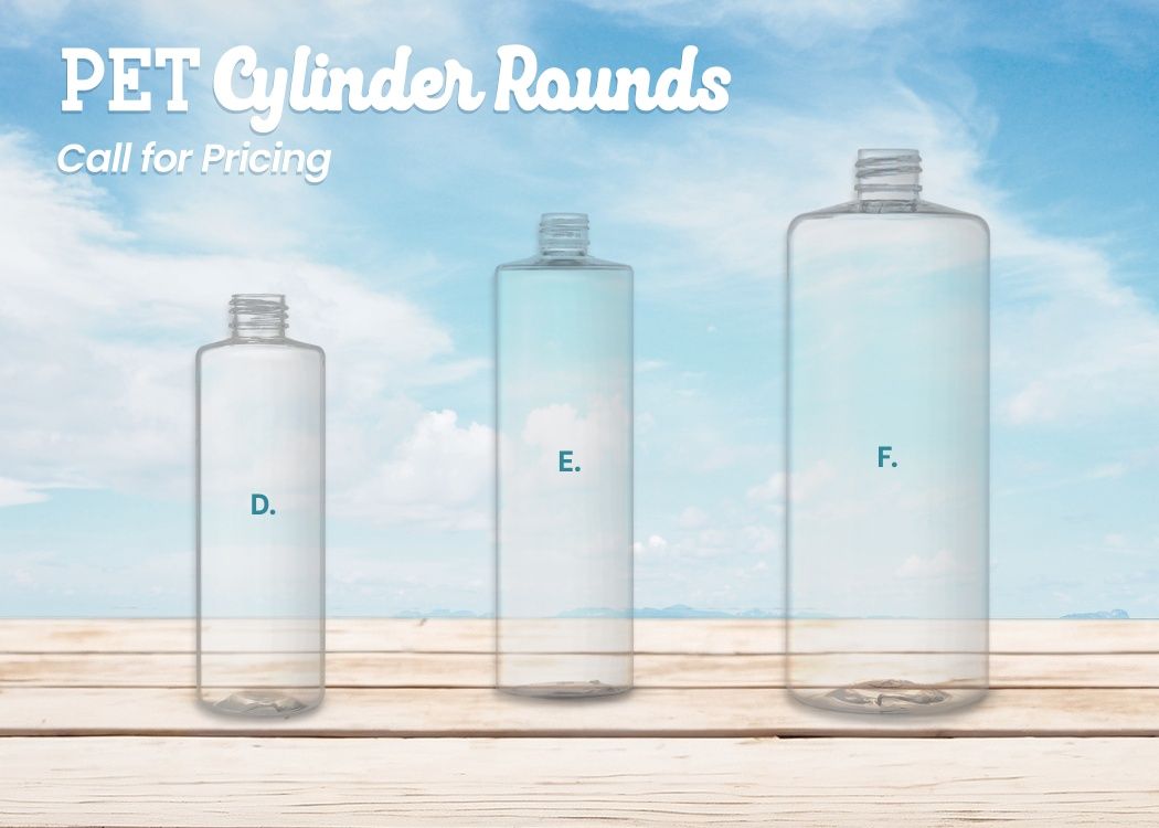 Clear PET Cylinder Rounds available in 8 oz., 16 oz., and 32 oz.. Call for pricing listed underneath PET Cylinder Round heading.
