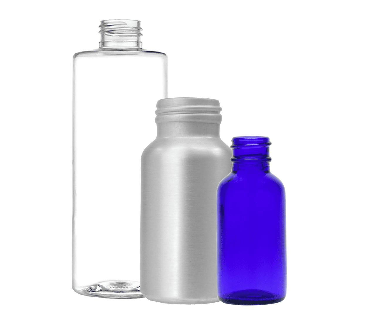 Photo of three bottles, a clear cylinder round, a metal bottle, and a blue glass boston round.