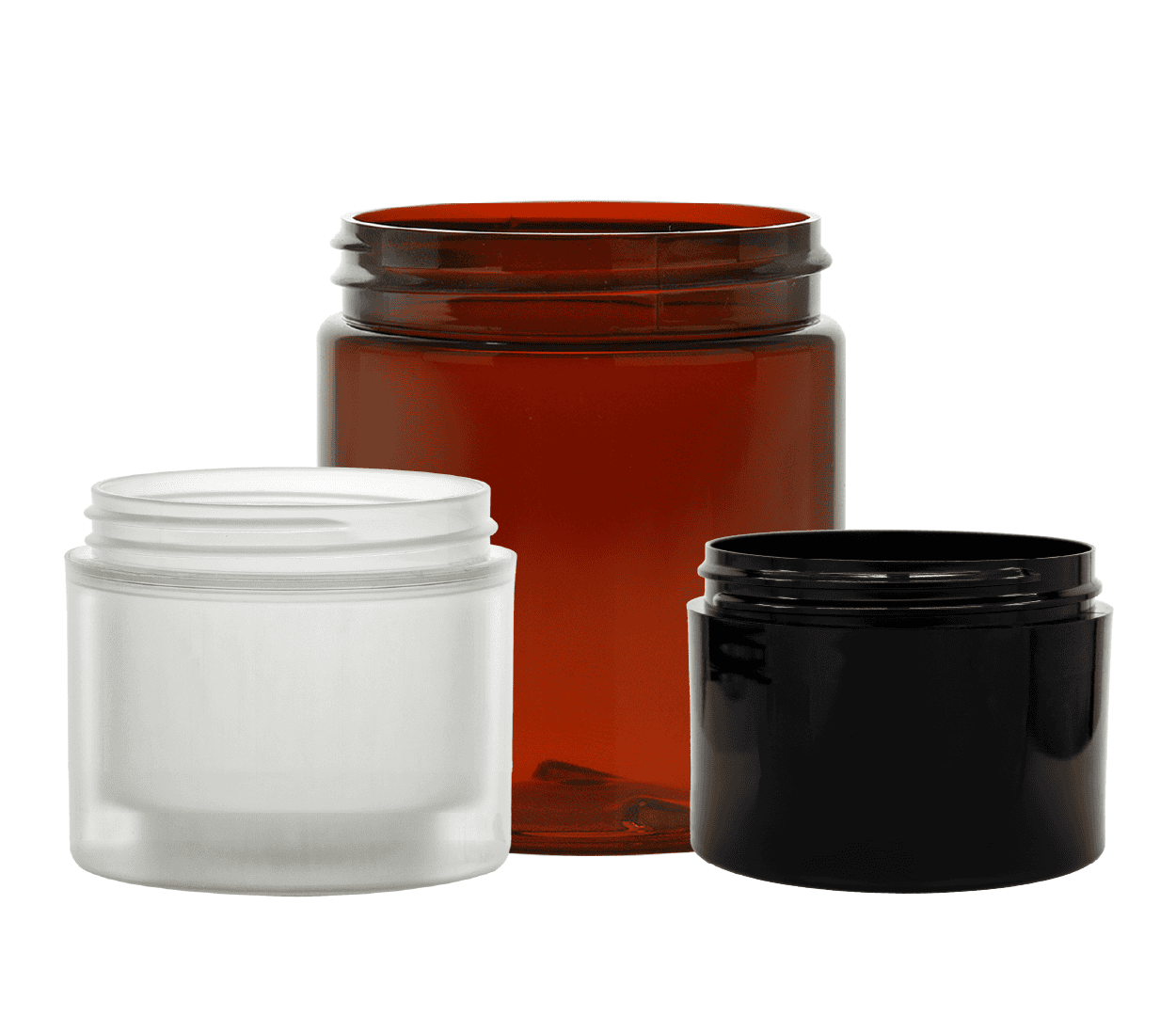 Photo of three jars, a double wall jar, amber PET jar and black PET jar.