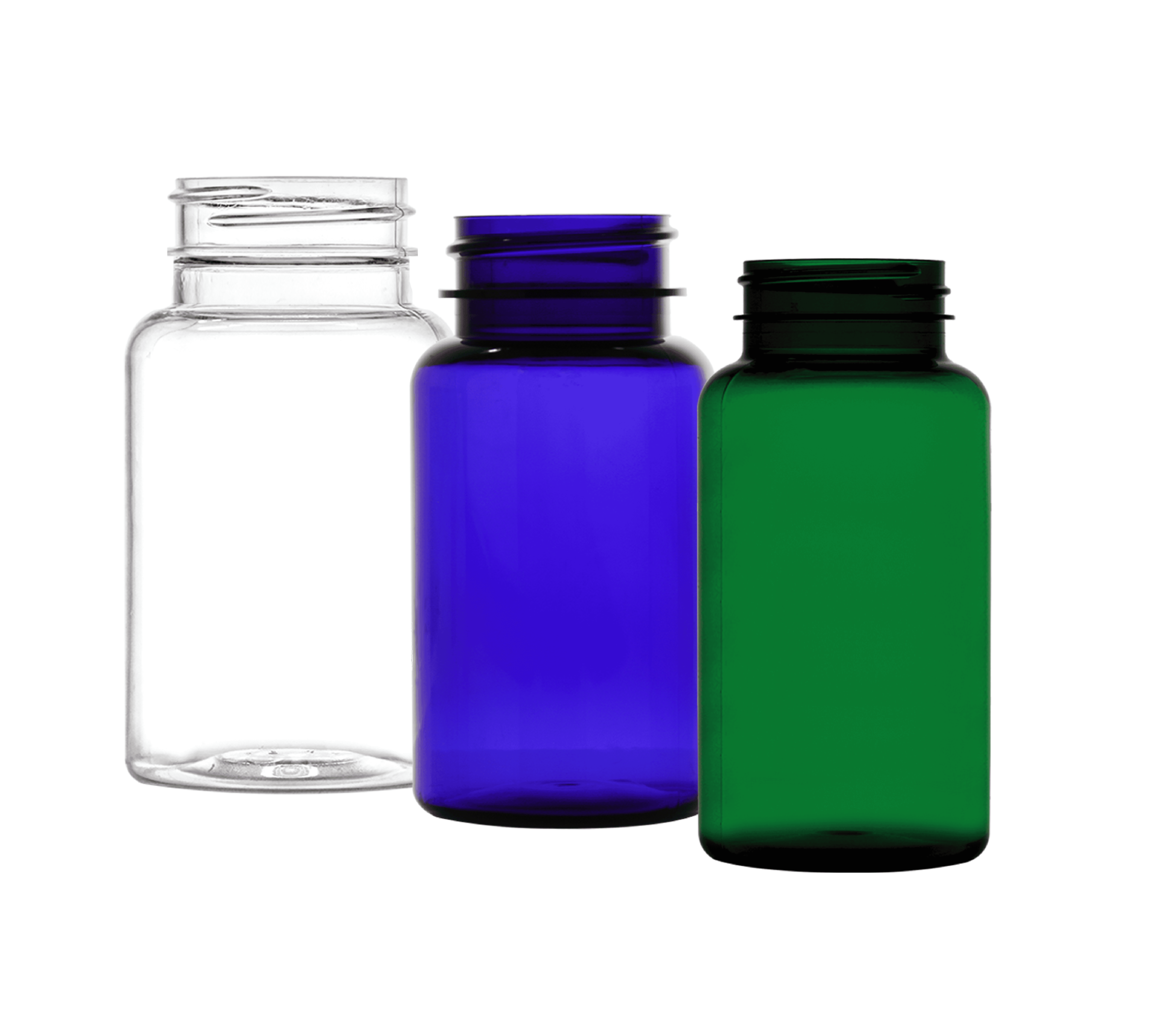 A photo of a group of PET packers in the colors of clear, cobalt and green from left to right.