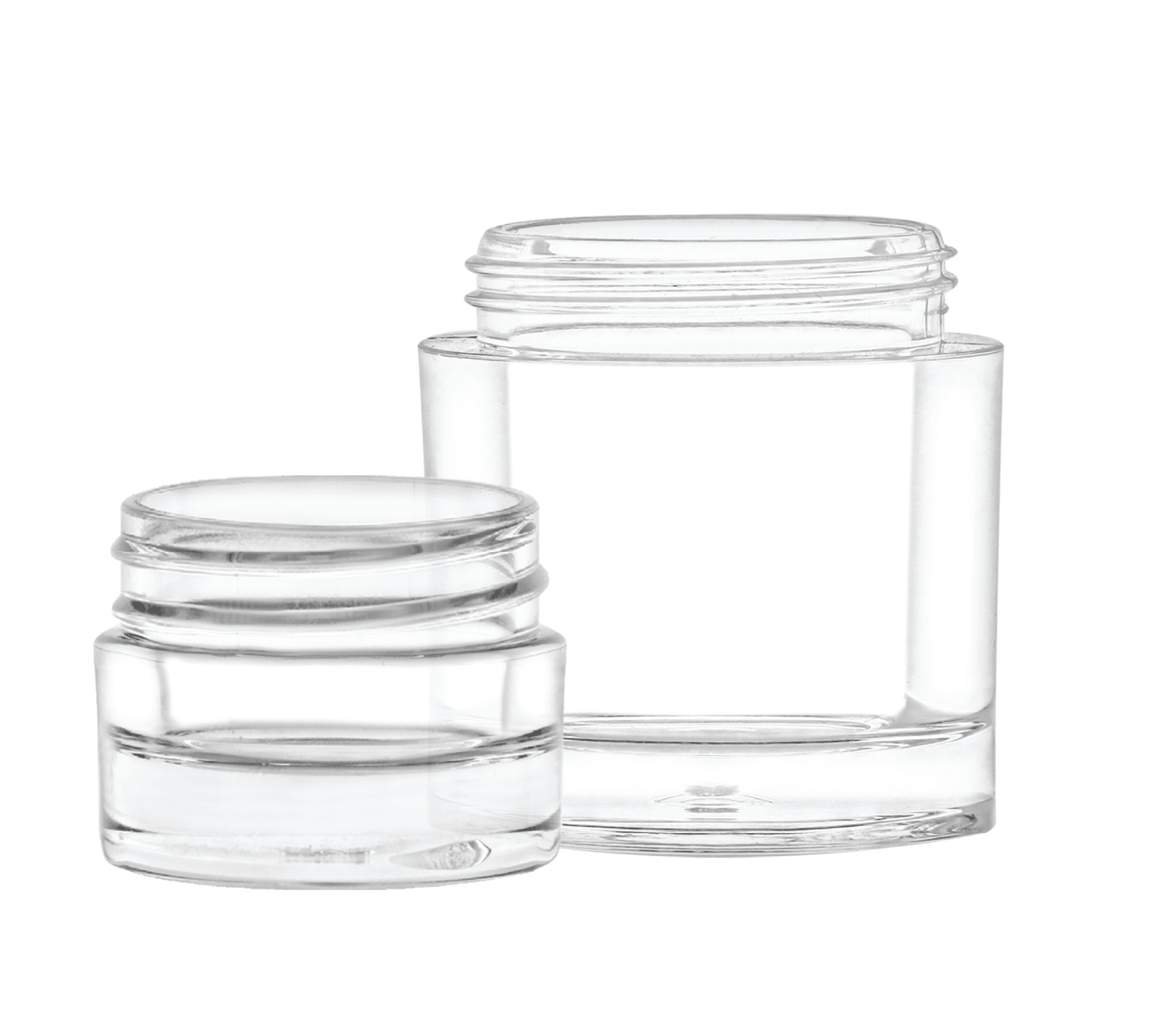 Two clear thick wall jars next to each other.
