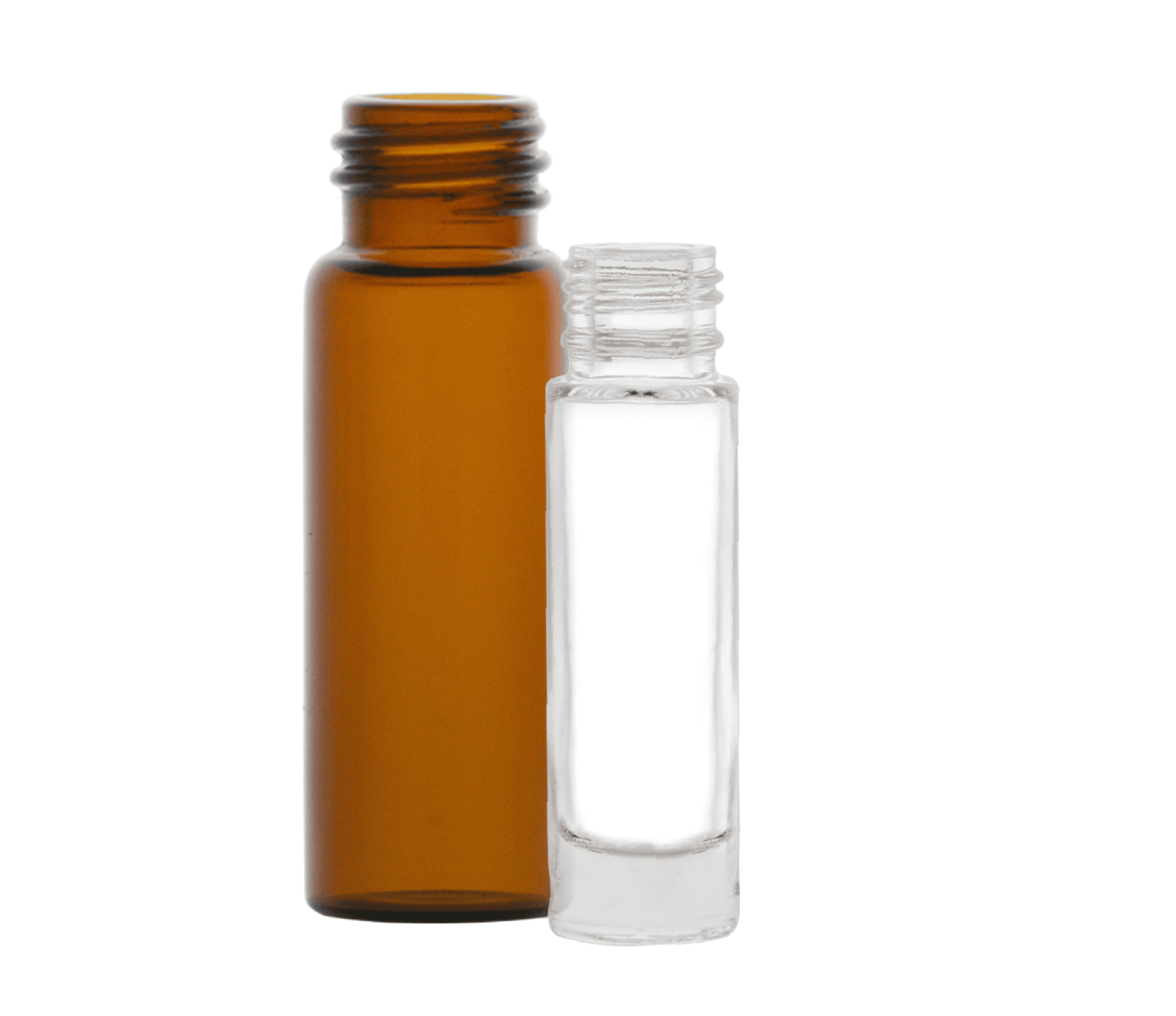 A photo of two vial style cylinder rounds next to each other. One is amber while the other is clear.