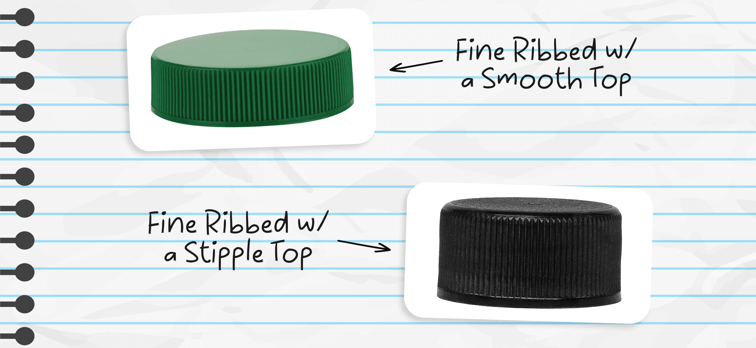 Photo of a fine ribbed closure with a smooth top and a fine ribbed closure with a stipple top on top of notebook paper with labels.