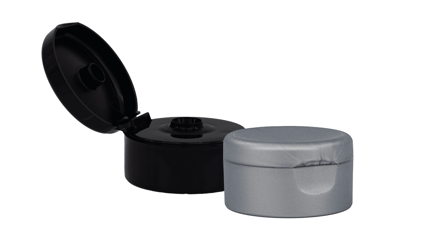 Two collapsible tube cap options including a black symmetrical collapsible tube cap and a gray collapsible tube cap
