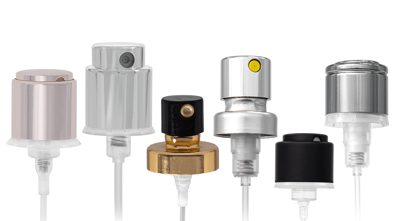 A variety of crimp sprayers perfect for fragrances and specialty dispensing