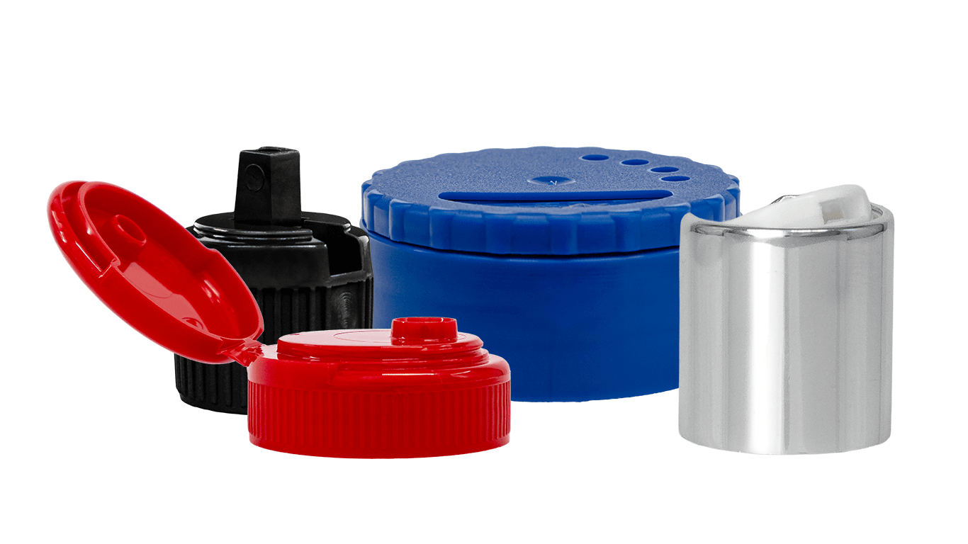 Various dispensing caps including a snap-top cap, turret style cap, spice style cap and a metal shelled disc-top cap.