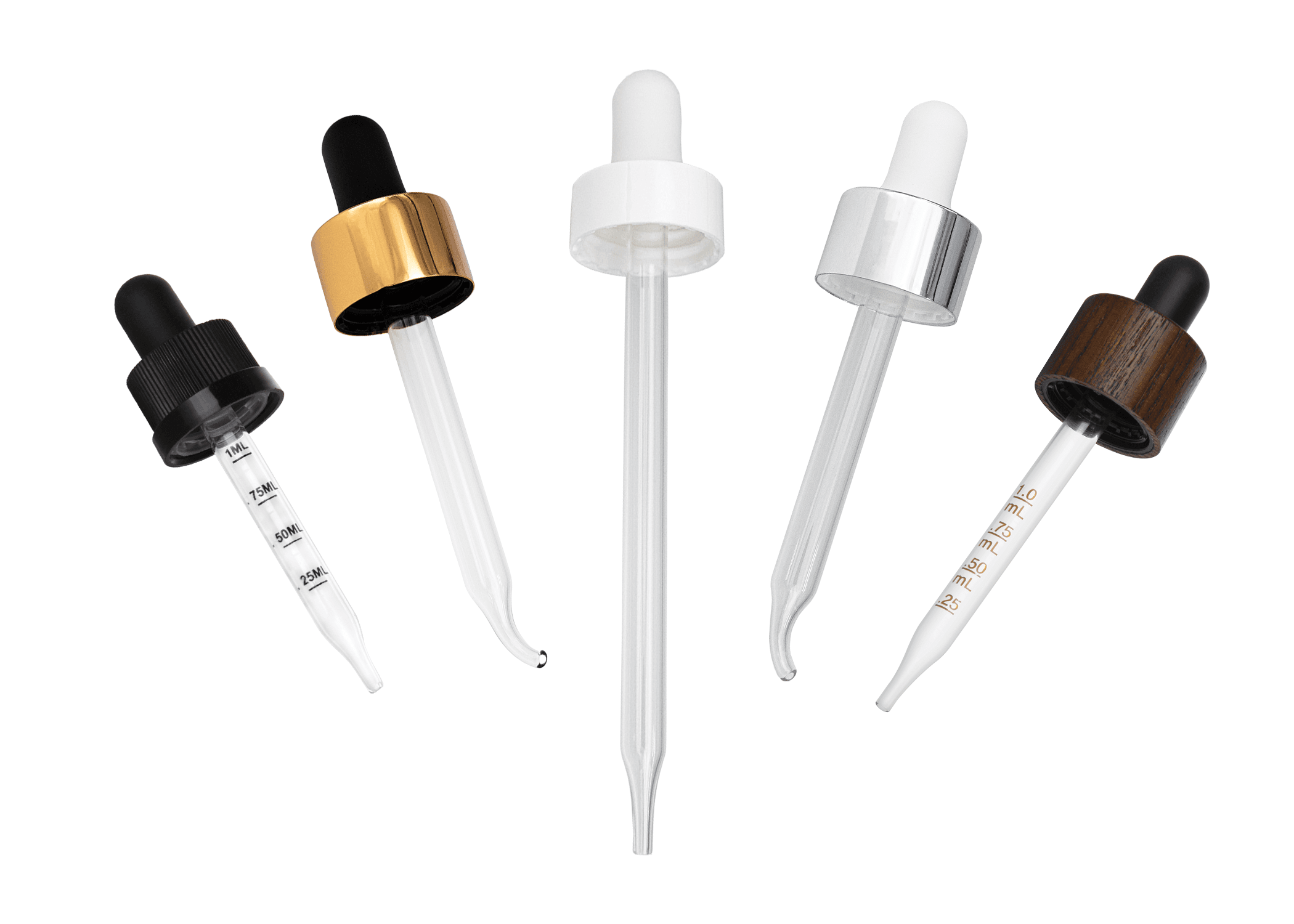 Varying droppers including a graduated dropper, gold metal-shelled dropper, white dropper, silver metal-shelled, wood-shelled graduated dropper
