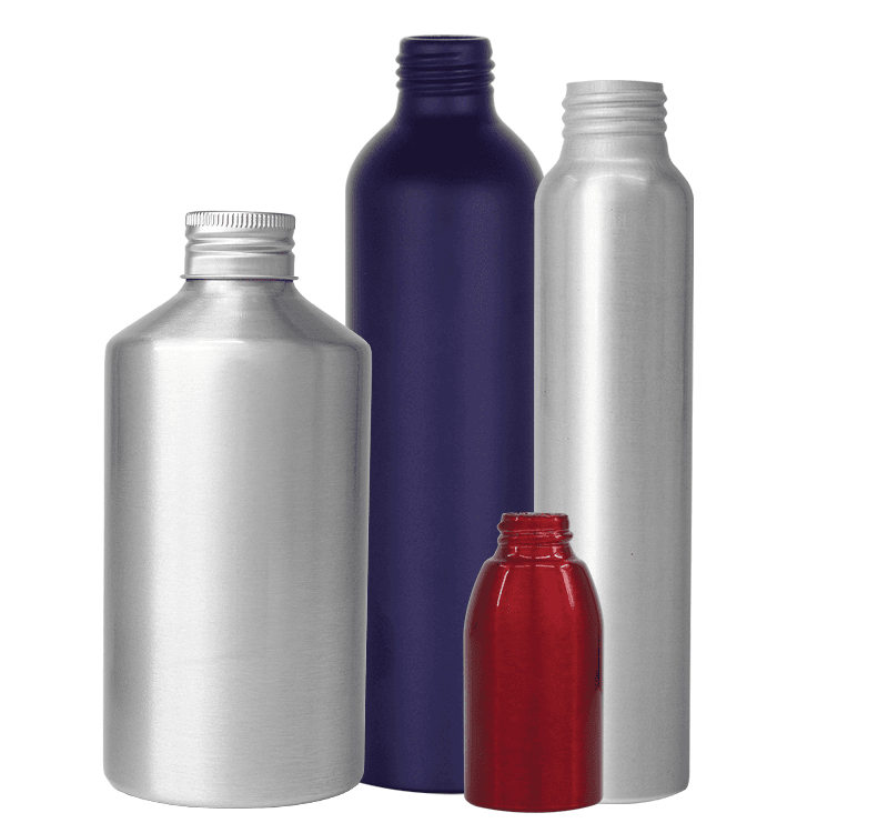 A variety of metal bottles with an aluminum modern round set, a blue bullet bottle, a red metal bottle and a silver aluminum bullet.