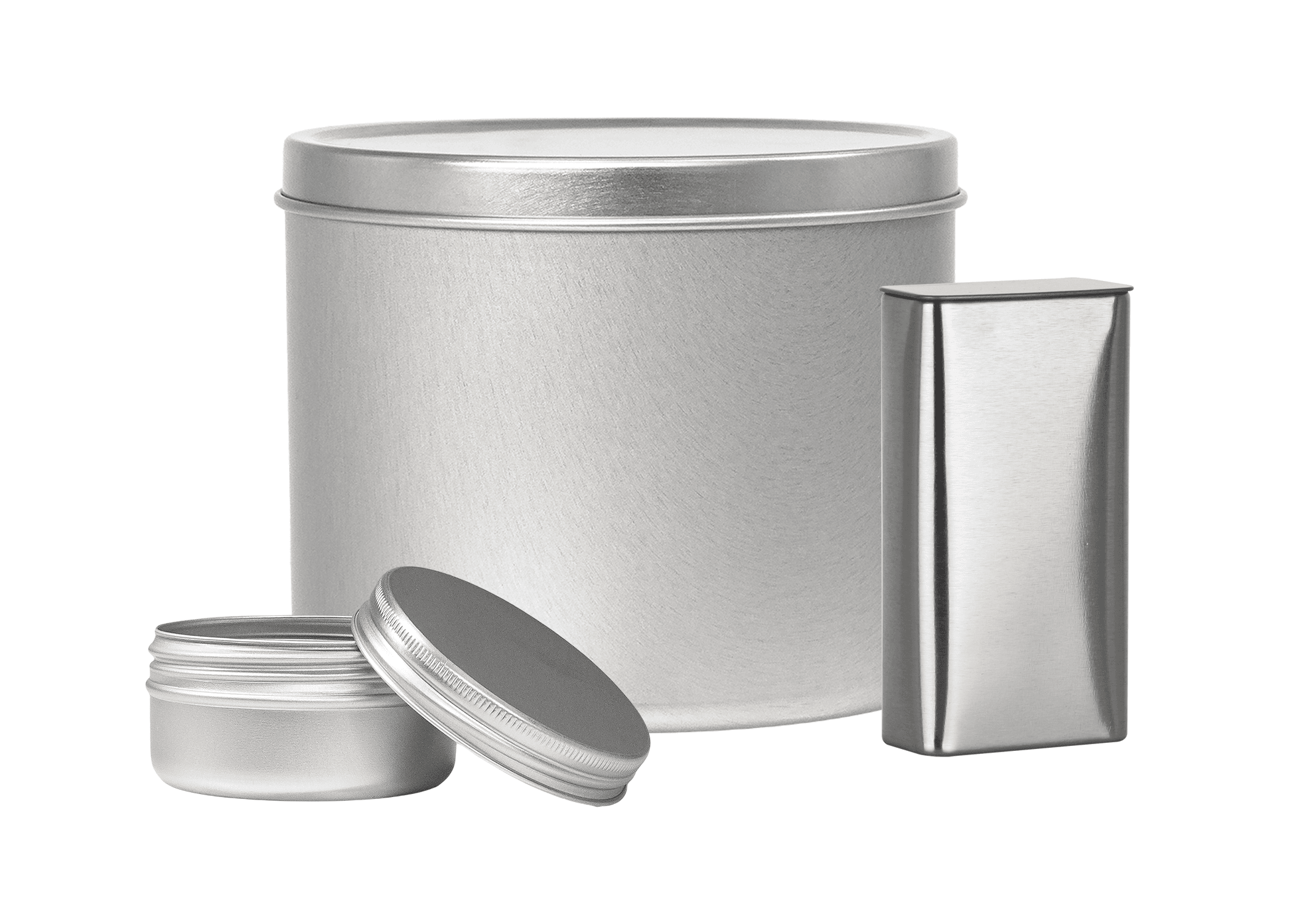 Varying metal tins including a larger, press-on closure jar set, a smaller, press-on closure jar set and a metal oblong