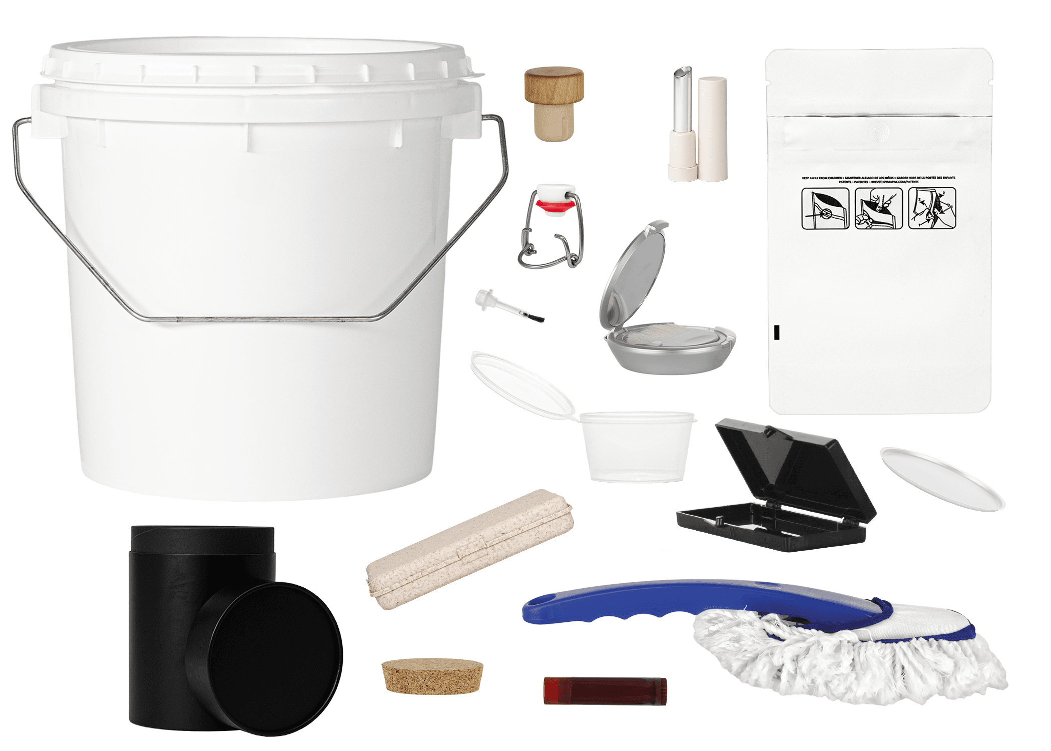Photo of other accessories including a wide array of packaging components and accessories like a pail set, cork, lip balm set, bag with pictorial instructions, makeup compact, cleaning brush, nail polish brush and more.