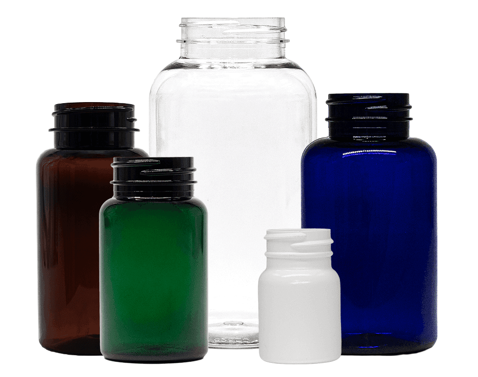 A variety of packers in varying colors and sizes, including a 120cc amber packer, a 100cc green packer, a 625cc clear packer, a 40 cc white packer and a 200cc cobalt packer.