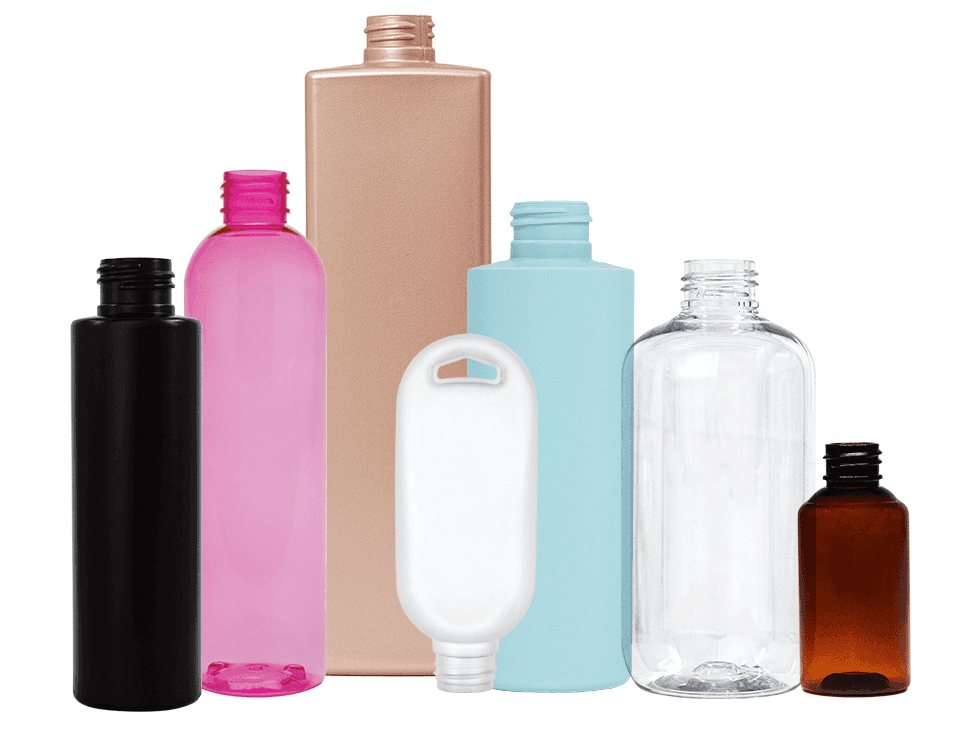 A variety of plastic bottles in varying colors and styles, including a black cylinder round, a pink PET bullet bottle, a rose gold square bottle, a white tottle style bottle, a blue cylinder round, a clear Boston Round bottle and an amber Boston Round