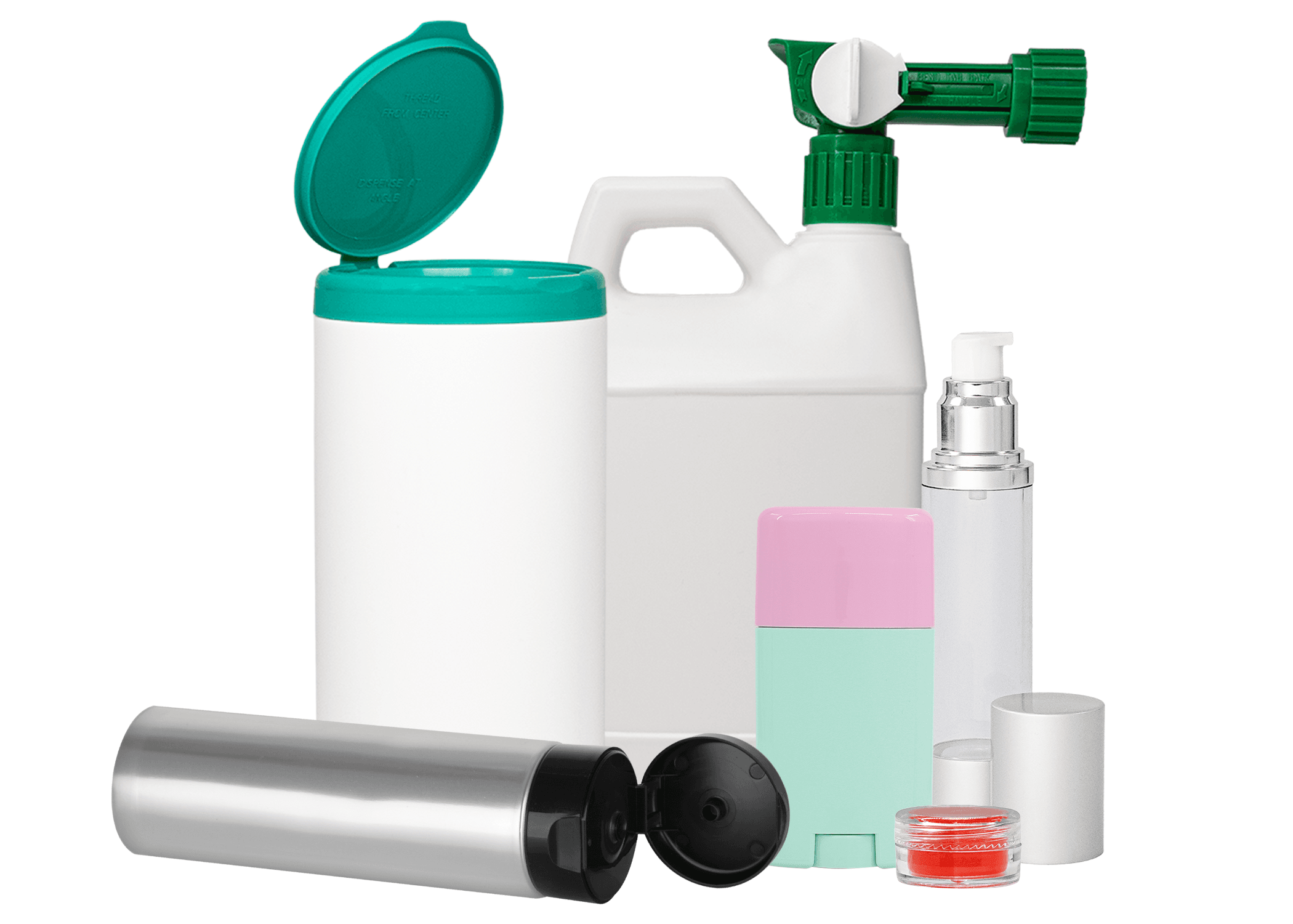 Photo of varying sets including a cylinder round with wipes, a home and garden sprayer set, a collapsible tube set, deodorant set, airless set and jar set