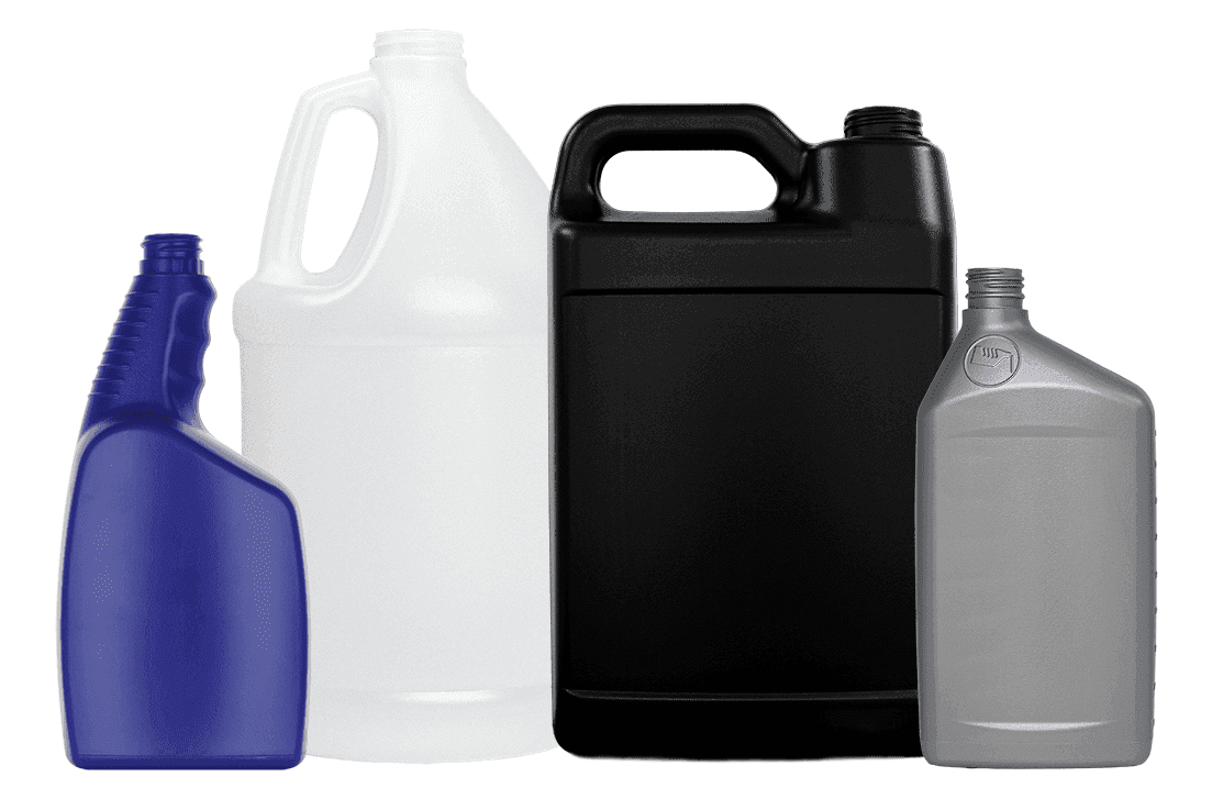 A variety of specialty plastic bottles including a trigger oblong with a pistol grip, a natural handleware gallon jug, a black f-style plastic bottle, and a grey specialty automotive style bottle.