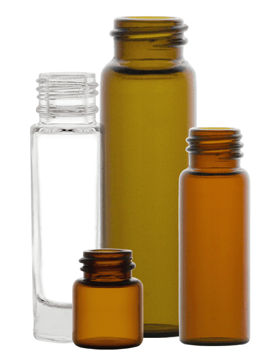 A variety of vials in varying colors and sizes, including a clear vial, a small amber vial, a green vial and another amber vial.