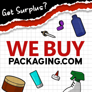 Graphic reads, Got Surplus? WeBuyPackaging.com. It includes a drawing of a boston round, dispensing cap, collapsible tube, trigger sprayer, dropper, amber jar and yorker cap